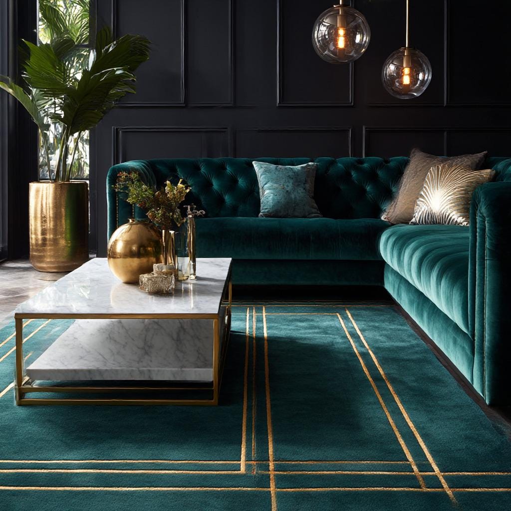 Emerald Green Wool Area Rug with Gold Geometric Design for Art Deco Glam Decor