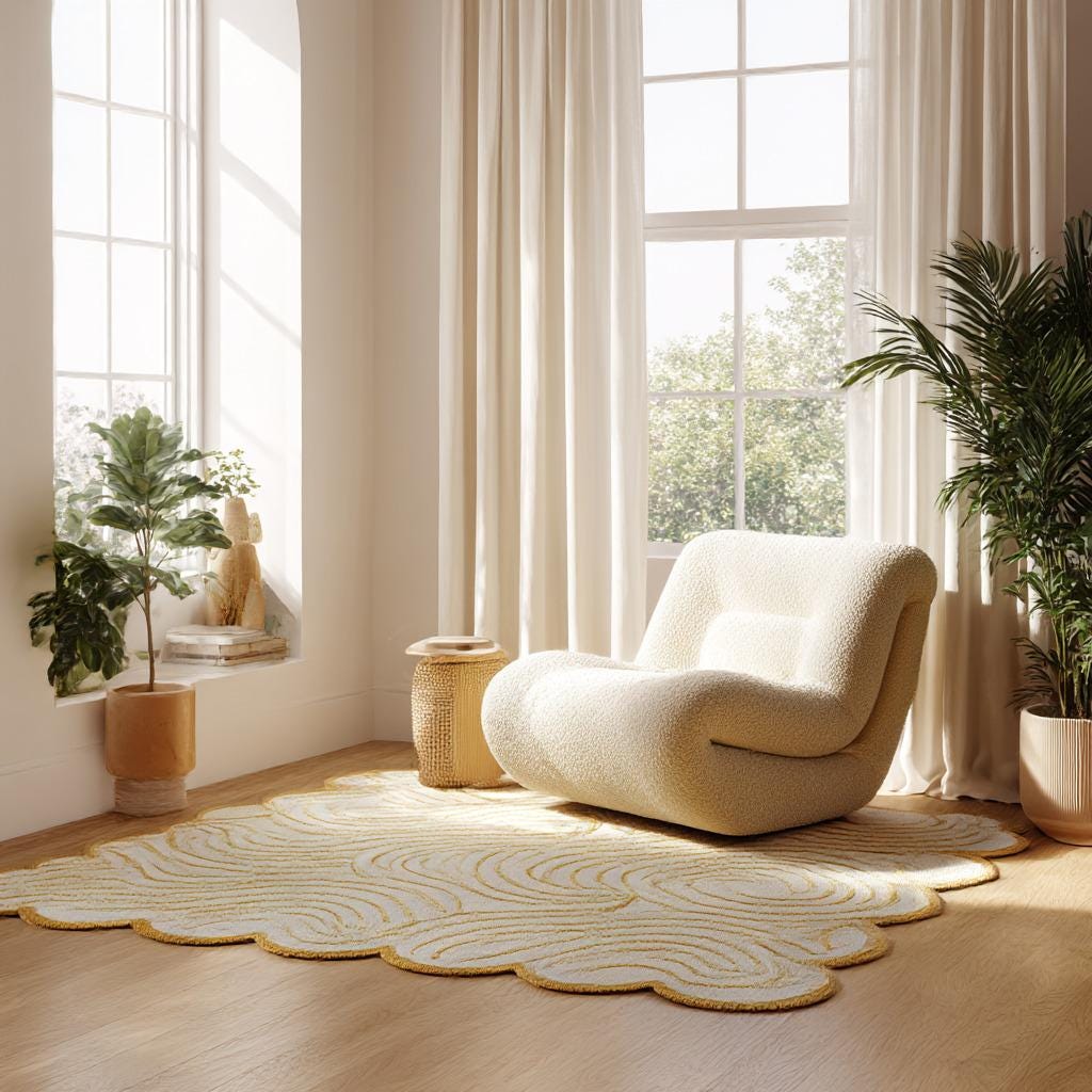 Wavy Tufted Wool Rug: Cream & Yellow Spiral, Modern Boho Decor