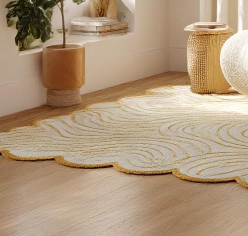 Wavy Tufted Wool Rug: Cream & Yellow Spiral, Modern Boho Decor