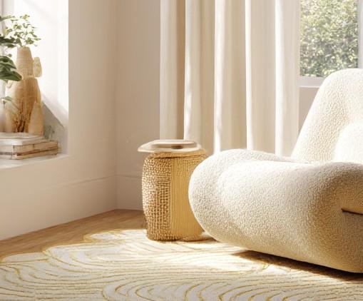 Wavy Tufted Wool Rug: Cream & Yellow Spiral, Modern Boho Decor