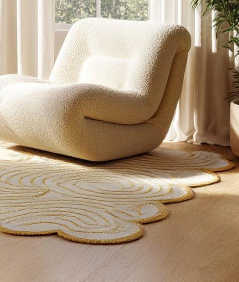 Wavy Tufted Wool Rug: Cream & Yellow Spiral, Modern Boho Decor