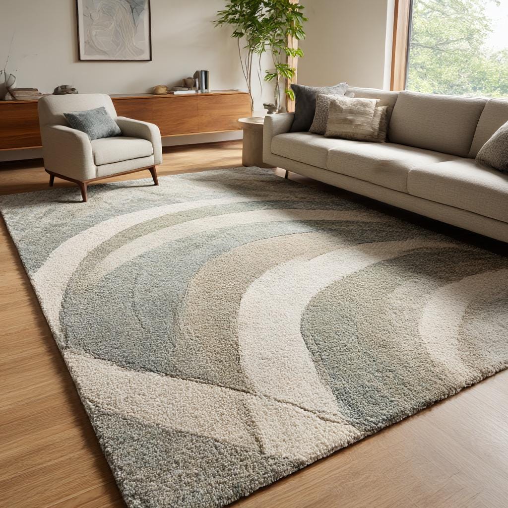 Handmade Wool Area Rug: Abstract Wave Design, Plush Neutral Rug