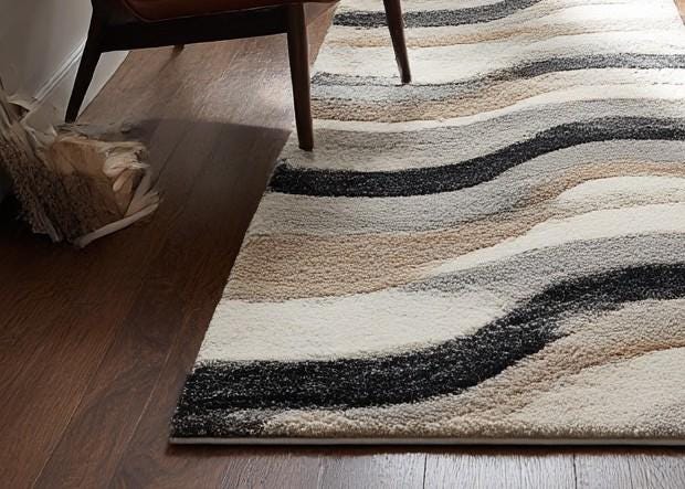 Handmade Wool Runner Rug: Neutral Wave Design, Modern Tufted Carpet