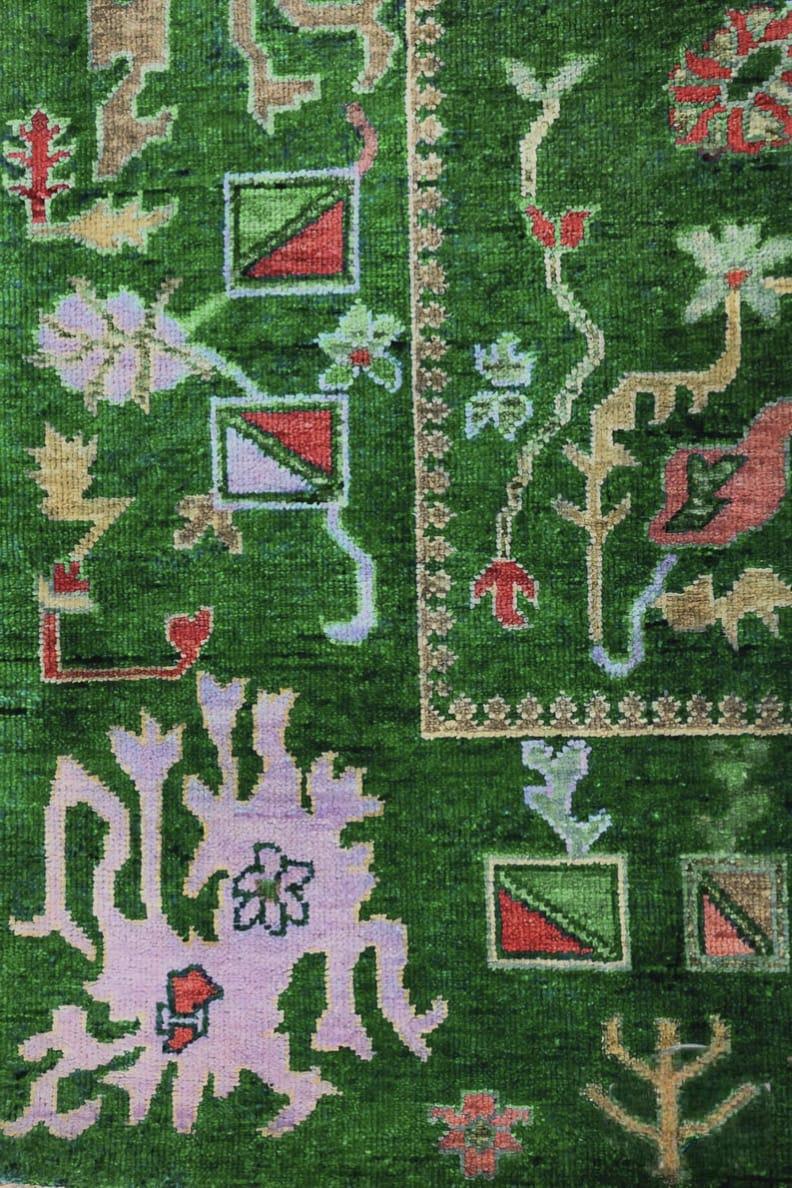 Hand-Knotted Oushak Wool Rug: Dark Green, Beige & Brown, 8x10 Vintage Turkish Knot