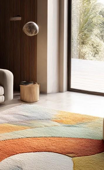 Abstract Tufted Wool Rug: Colorful Sculptural Design, Modern Retro Style