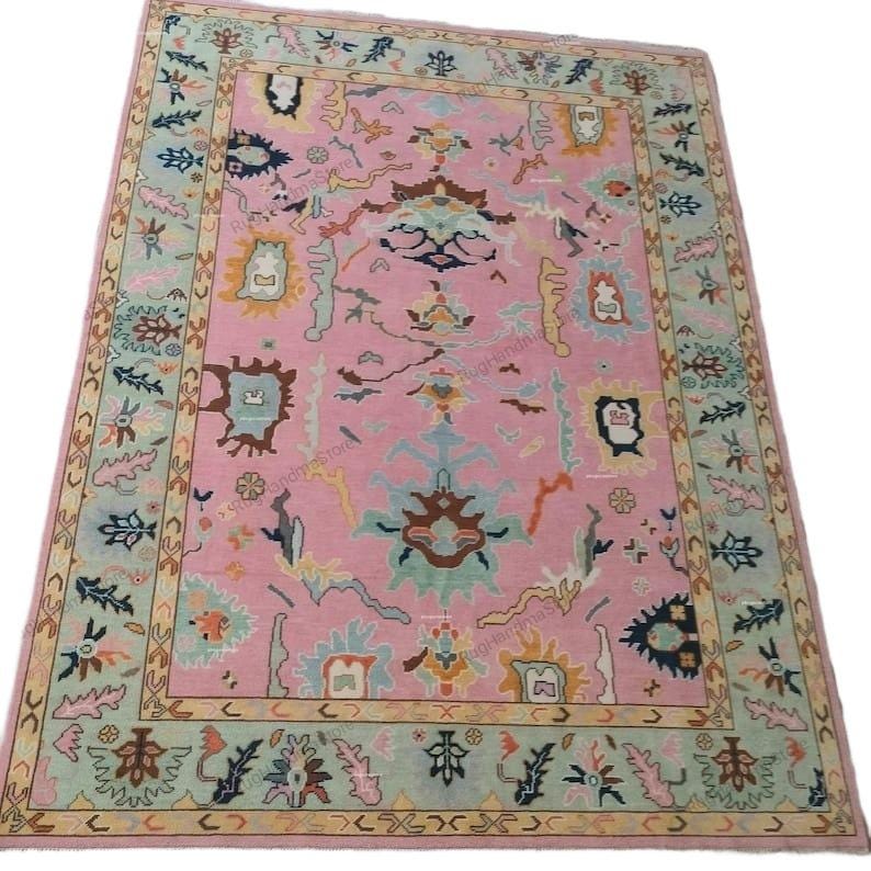 Handwoven Oushak Rug: Pastel Pink Turkish Boho Decor (8x10, 9x12 Area Rugs Available)