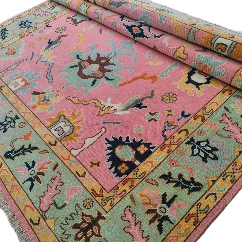 Handwoven Oushak Rug: Pastel Pink Turkish Boho Decor (8x10, 9x12 Area Rugs Available)