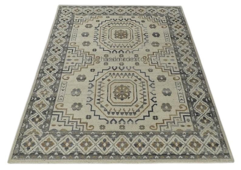 Hand-Knotted Oushak Wool Rug: Beige & Brown Turkish Knot, 8x10 Vintage Style