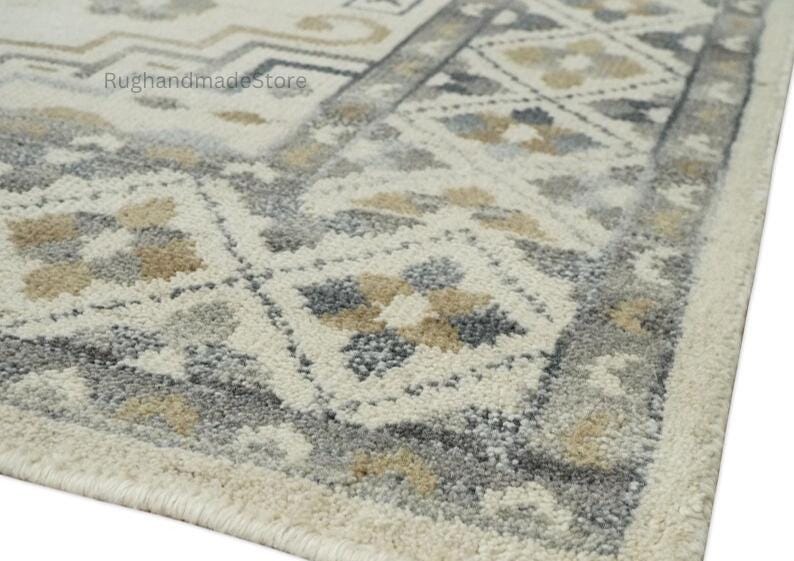 Hand-Knotted Oushak Wool Rug: Beige & Brown Turkish Knot, 8x10 Vintage Style