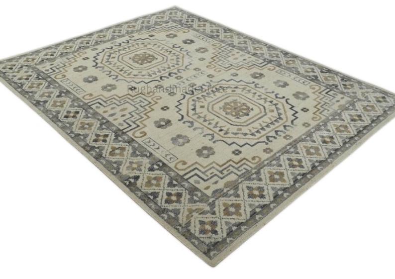 Hand-Knotted Oushak Wool Rug: Beige & Brown Turkish Knot, 8x10 Vintage Style
