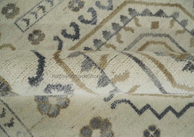 Hand-Knotted Oushak Wool Rug: Beige & Brown Turkish Knot, 8x10 Vintage Style