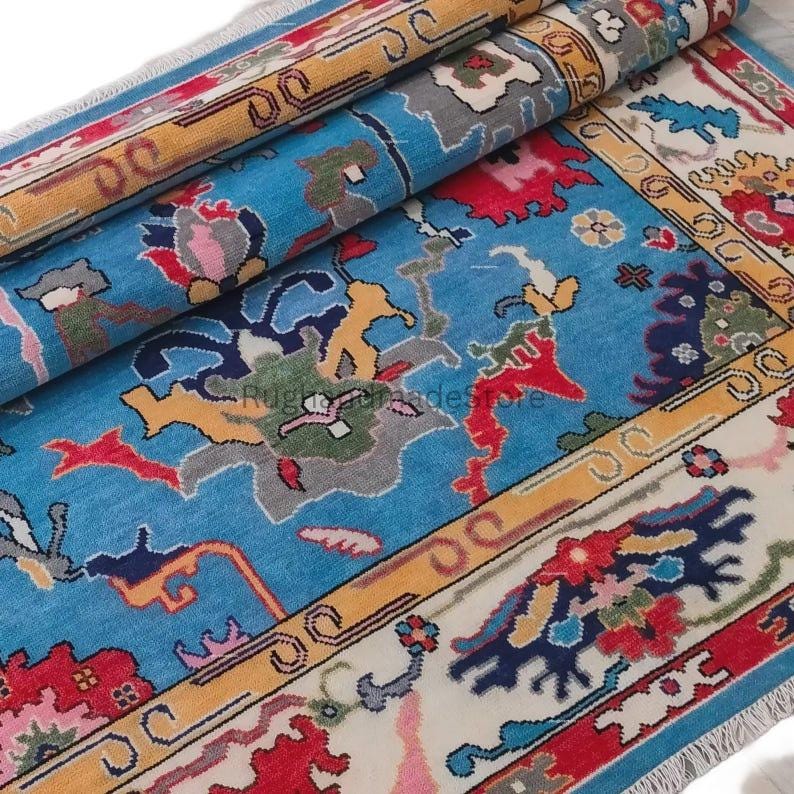 Handmade Oushak Wool Rug: Turkish Knot Area Rug, Dark Blue, 8x10
