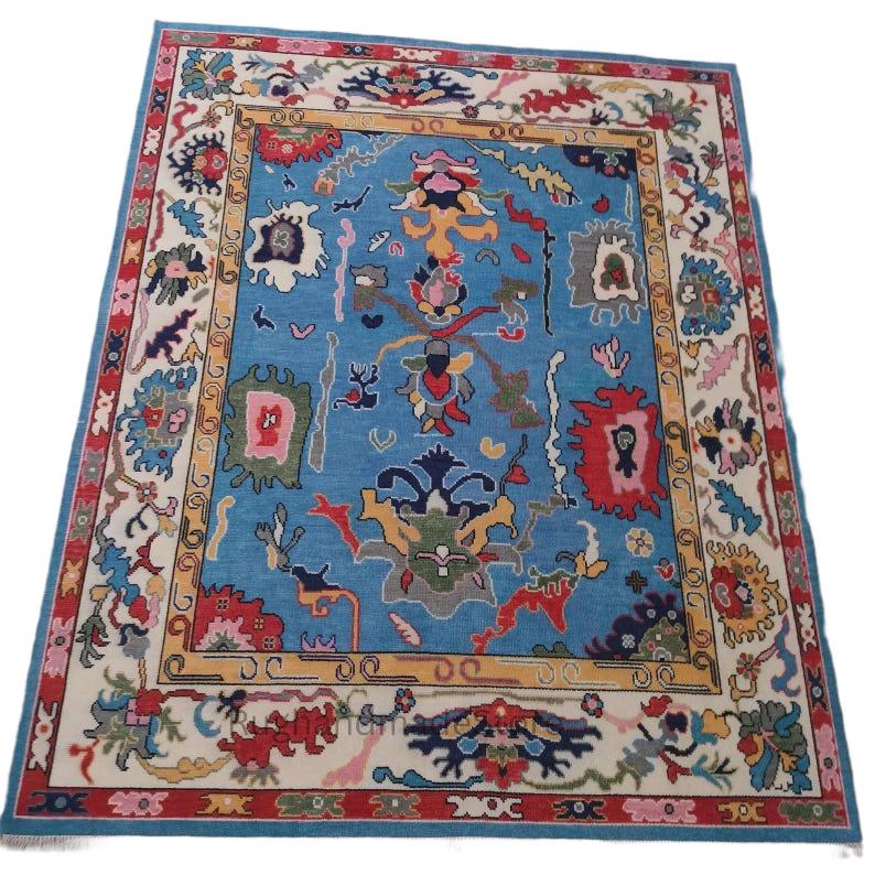 Handmade Oushak Wool Rug: Turkish Knot Area Rug, Dark Blue, 8x10