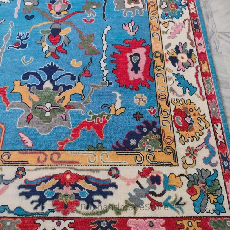 Handmade Oushak Wool Rug: Turkish Knot Area Rug, Dark Blue, 8x10