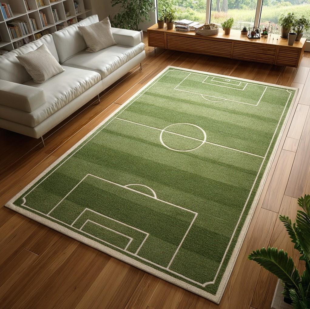 Handmade Soccer Field Rug, Tufted Wool Carpet for Kids Playroom