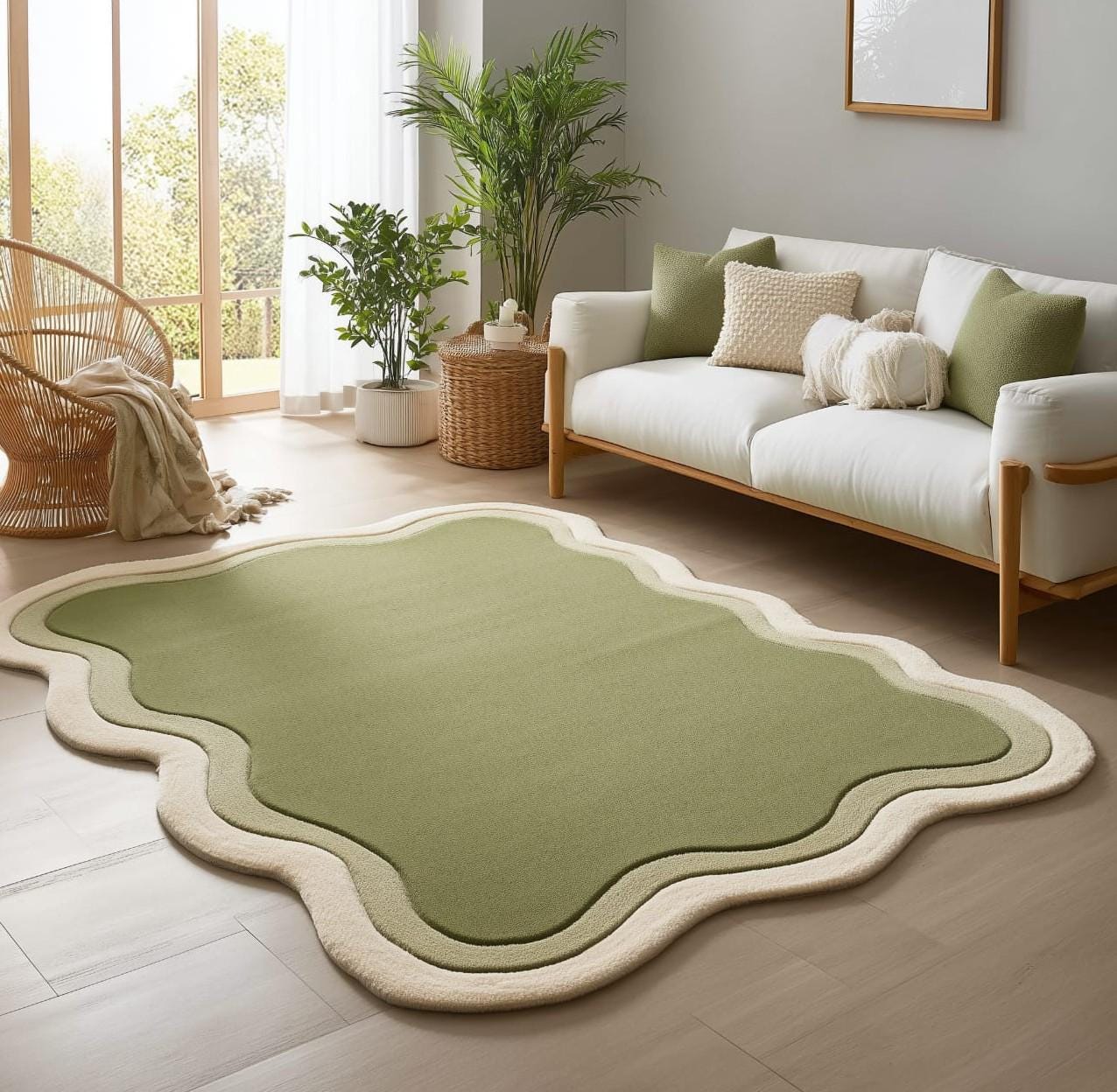 Handmade Sage Green Wool Rug: Tufted Sports Theme Kids Playroom