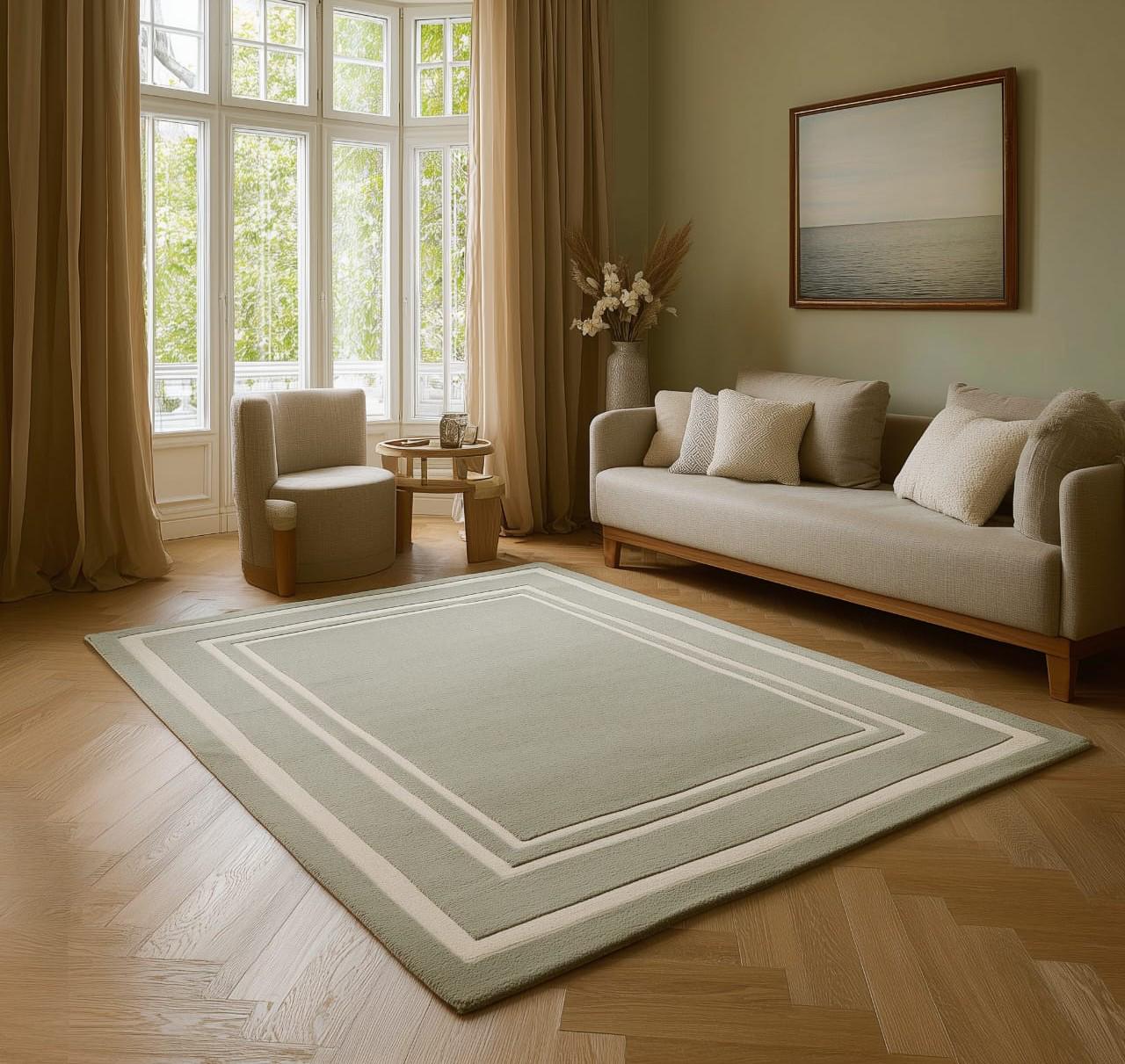 Handmade Sage Green Wool Rug: Geometric High-Low Texture, 6x9