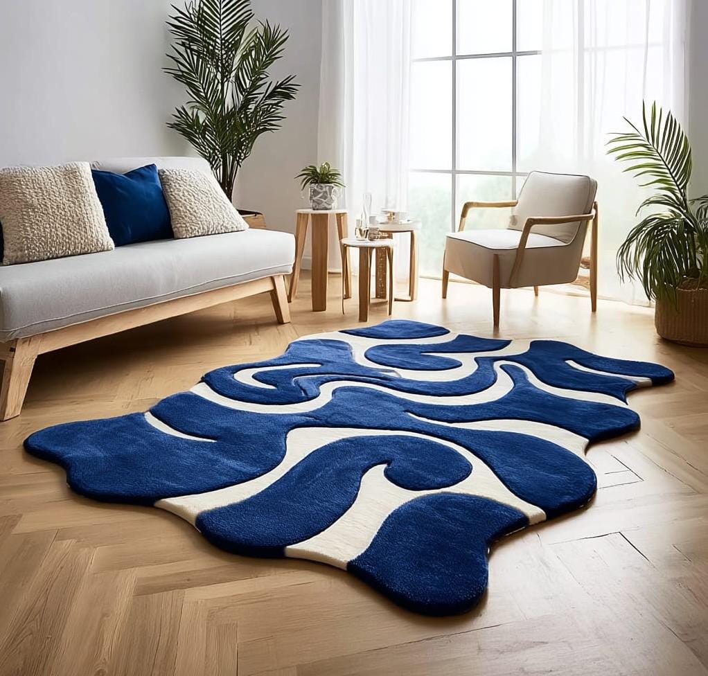 Abstract Blue Tufted Wool Rug: Modern Wave Design, Handmade 6x9