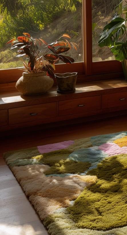 Colorful Tufted Wool Rug: Modern Abstract Texture, Handmade Carpet