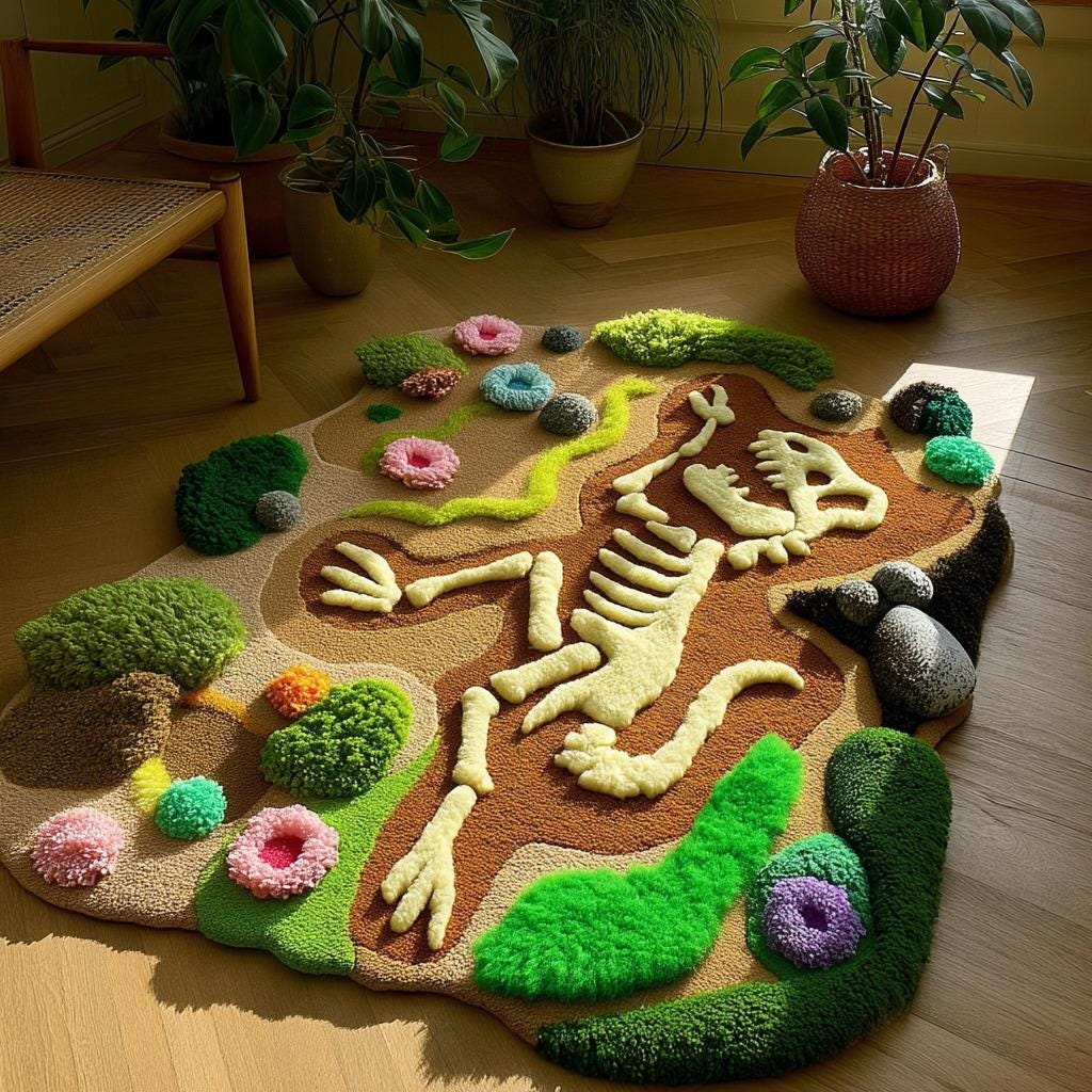 Skeletal Figure Tufted Rug: Handmade Wool, 5x8 Ft, Vibrant Landscape