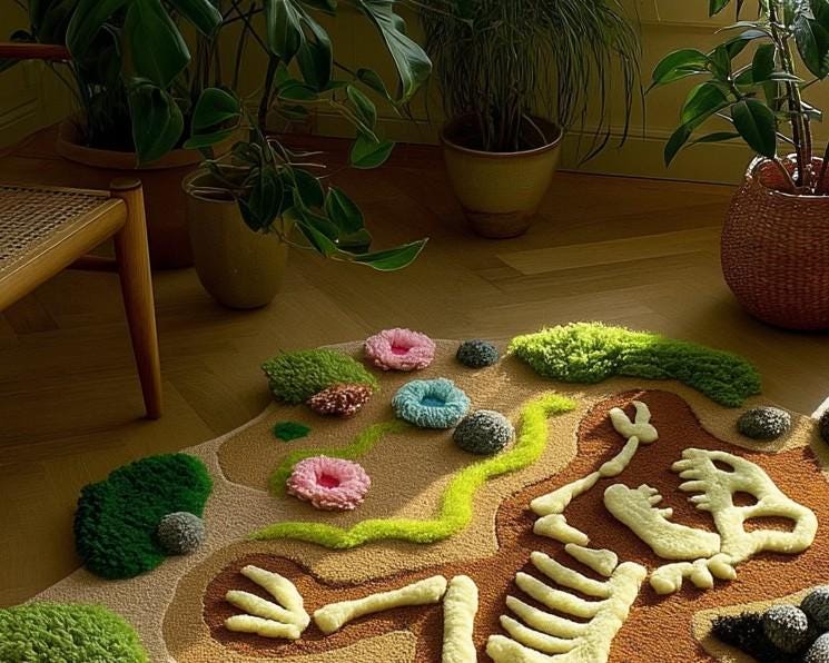 Skeletal Figure Tufted Rug: Handmade Wool, 5x8 Ft, Vibrant Landscape