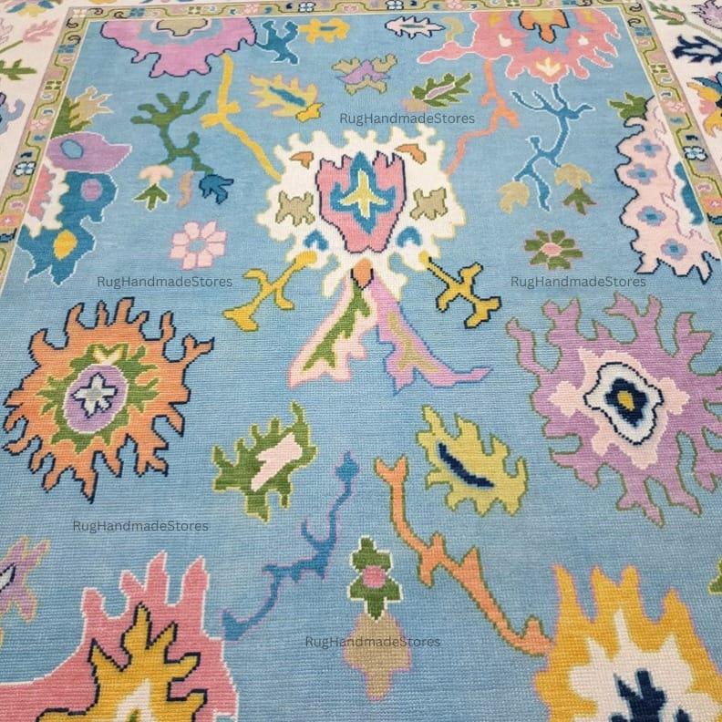 Handwoven Oushak Rug: Sky Blue, Aqua & Mustard Turkish Boho Carpet