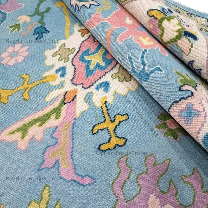 Handwoven Oushak Rug: Sky Blue, Aqua & Mustard Turkish Boho Carpet