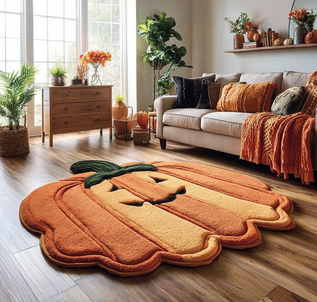 Handmade Wool Pumpkin Rug: Halloween Autumn Decor