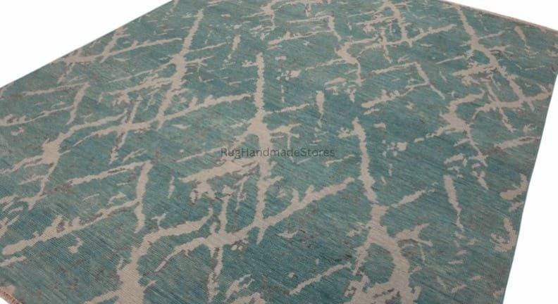 Handwoven Oushak Wool Rug: Aqua, Mustard, Boho Chic, 8x10