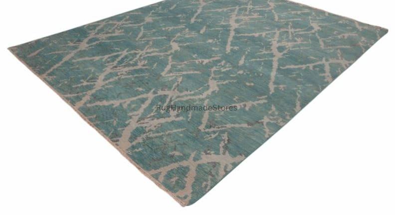 Handwoven Oushak Wool Rug: Aqua, Mustard, Boho Chic, 8x10