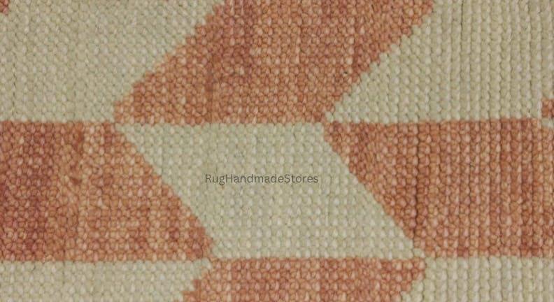 Hand-Knotted Oushak Wool Rug: Terracotta Pink Geometric Turkish Knot