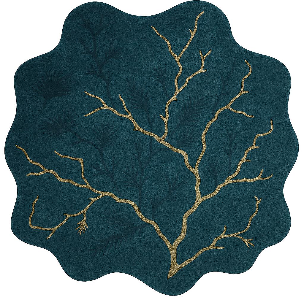Handmade Wool Tufted Rug: Golden Branch Wavy Edge Design