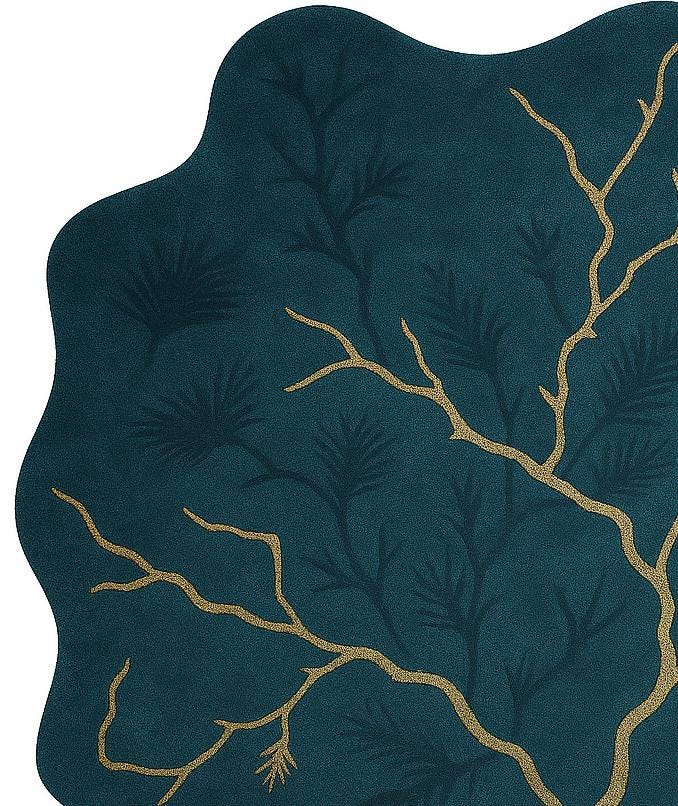 Handmade Wool Tufted Rug: Golden Branch Wavy Edge Design