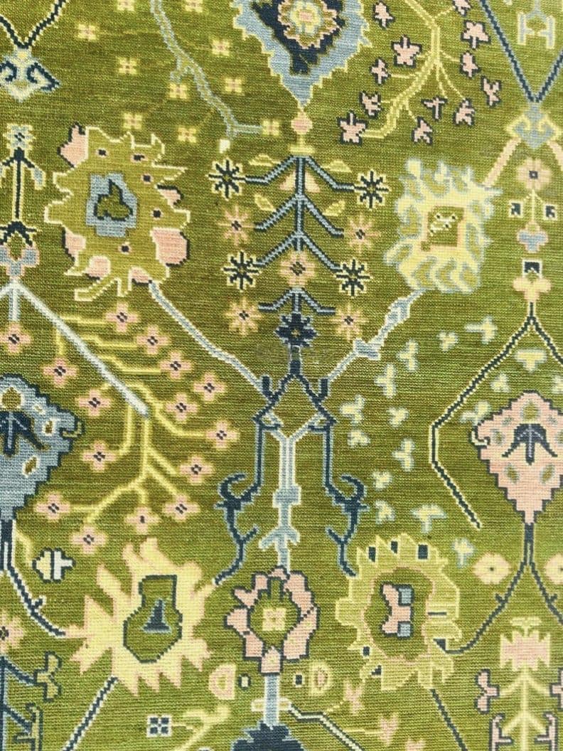 Hand-Knotted Olive Green Wool Rug: Turkish Oushak Area Rug