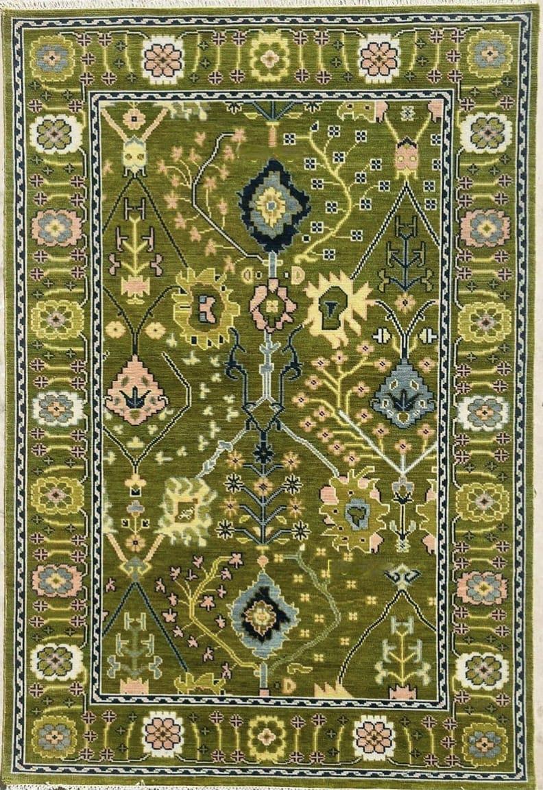 Hand-Knotted Olive Green Wool Rug: Turkish Oushak Area Rug