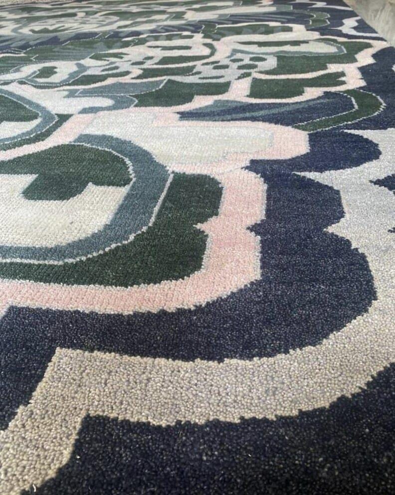 Handmade Oushak Wool Rug: Blue, Gray & Orange Turkish Knot Design