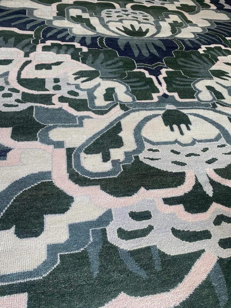 Handmade Oushak Wool Rug: Blue, Gray & Orange Turkish Knot Design