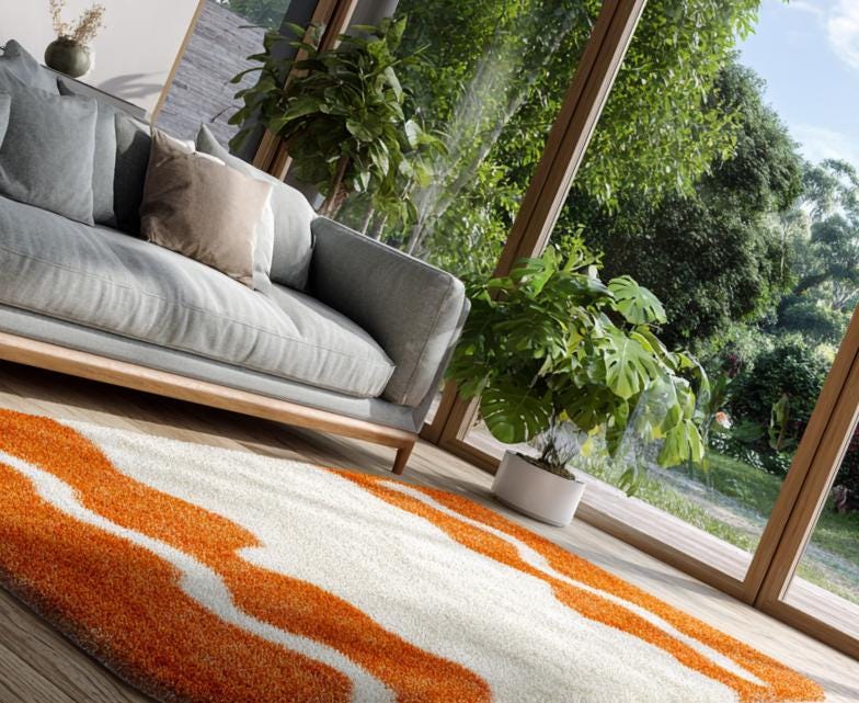 Handmade Tufted Wool Area Rug: White & Orange Modern Decor