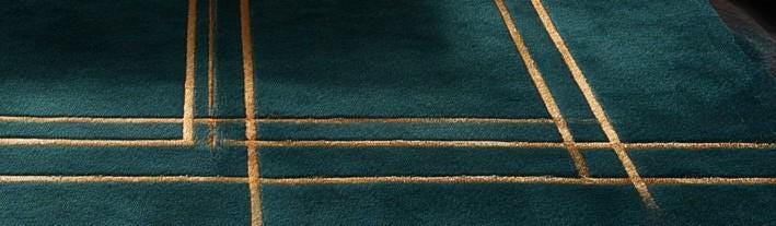 Emerald Green Wool Area Rug with Gold Geometric Design for Art Deco Glam Decor