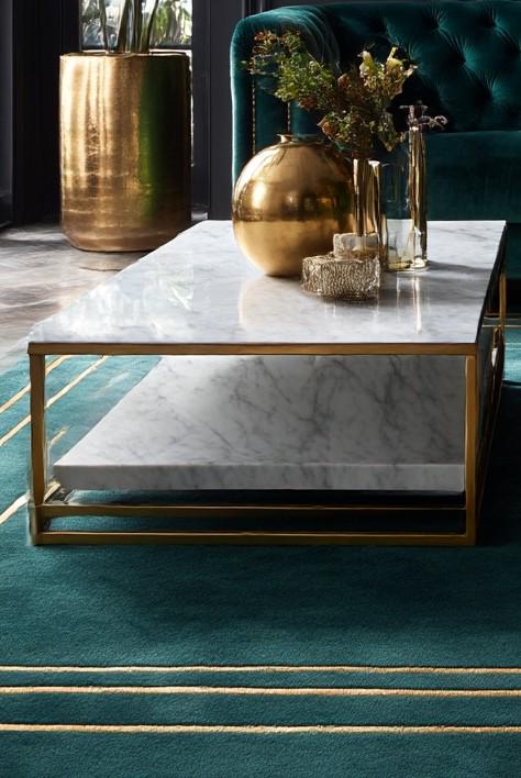 Emerald Green Wool Area Rug with Gold Geometric Design for Art Deco Glam Decor