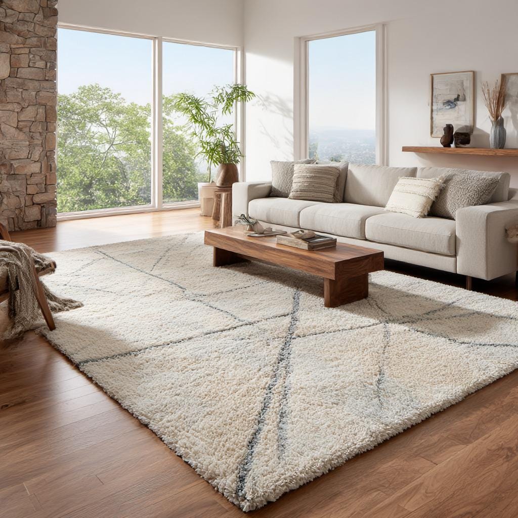 Handmade Wool Tufted Area Rug: Ivory Plush Geometric Design