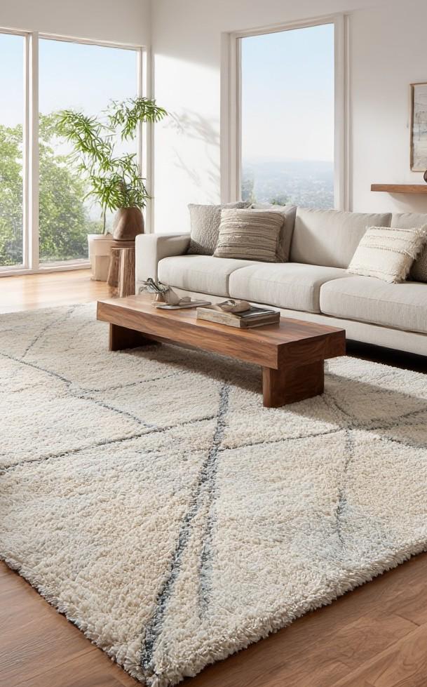 Handmade Wool Tufted Area Rug: Ivory Plush Geometric Design