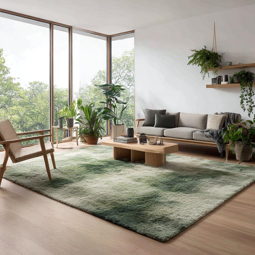 Handmade Wool Tufted Area Rug: Moss Green Plush Carpet