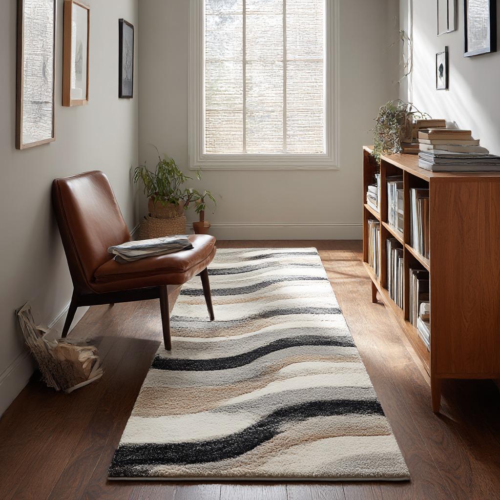 Handmade Wool Runner Rug: Neutral Wave Design, Modern Tufted Carpet
