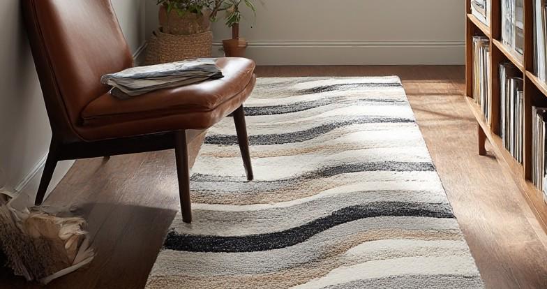 Handmade Wool Runner Rug: Neutral Wave Design, Modern Tufted Carpet