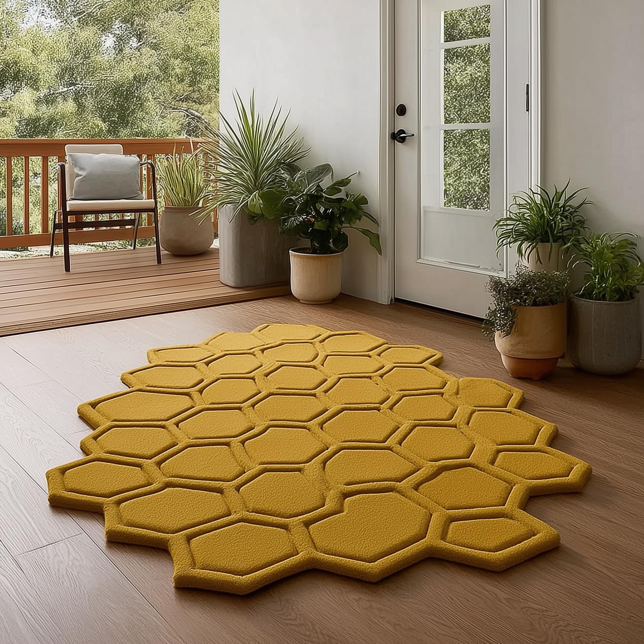 Mustard Honeycomb Rug — Sculpted Hexagon Accent Rug for Entryway & Living Room