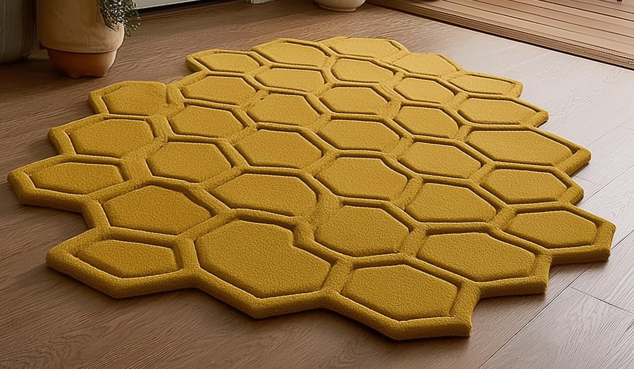 Mustard Honeycomb Rug — Sculpted Hexagon Accent Rug for Entryway & Living Room