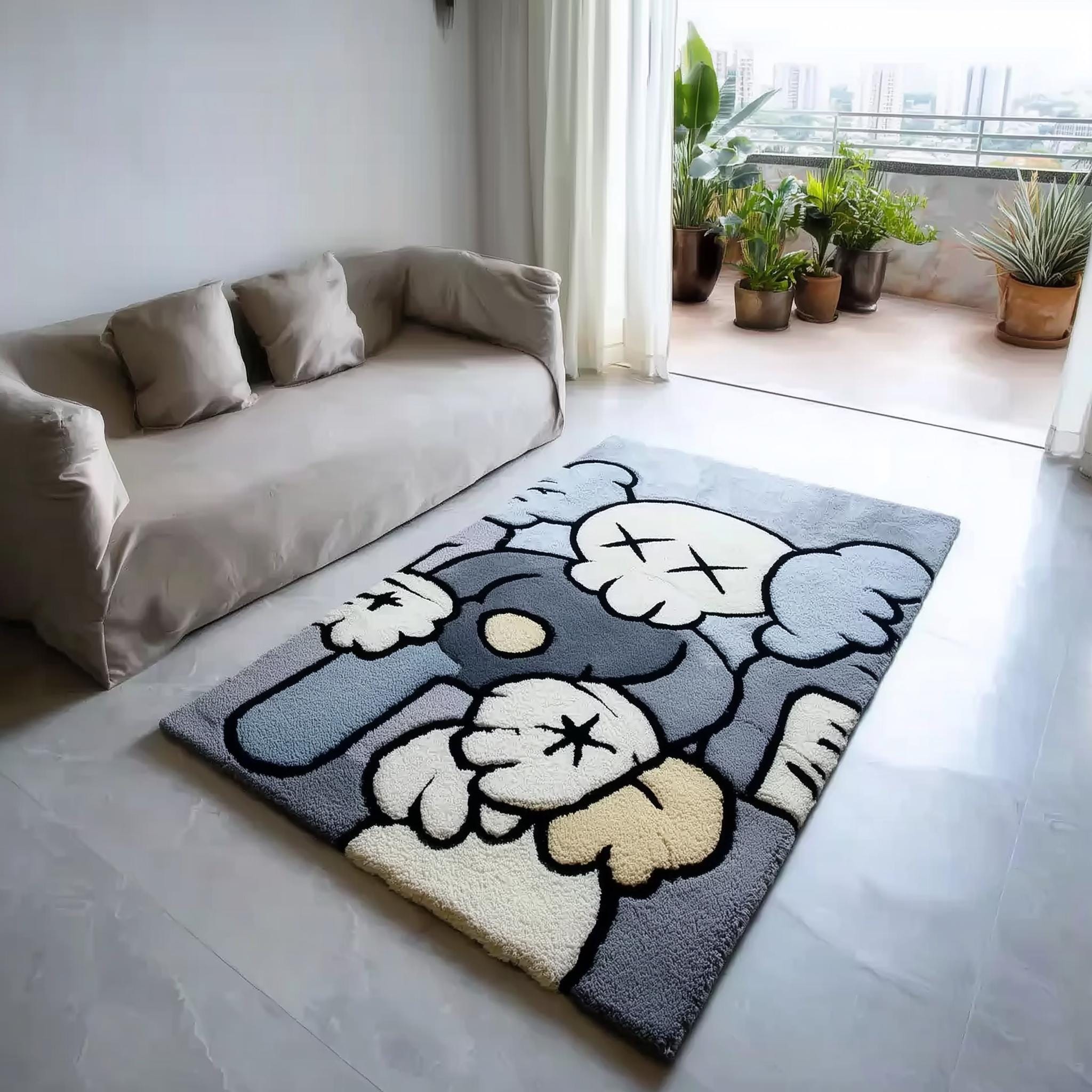 Abstract Tufted Wool Rug: Gray & Sky Blue, Handmade Area Carpet