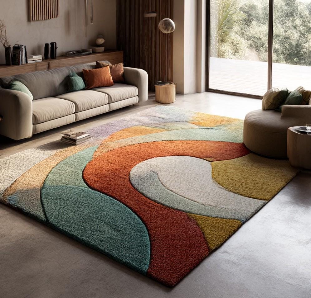 Abstract Tufted Wool Rug: Colorful Sculptural Design, Modern Retro Style