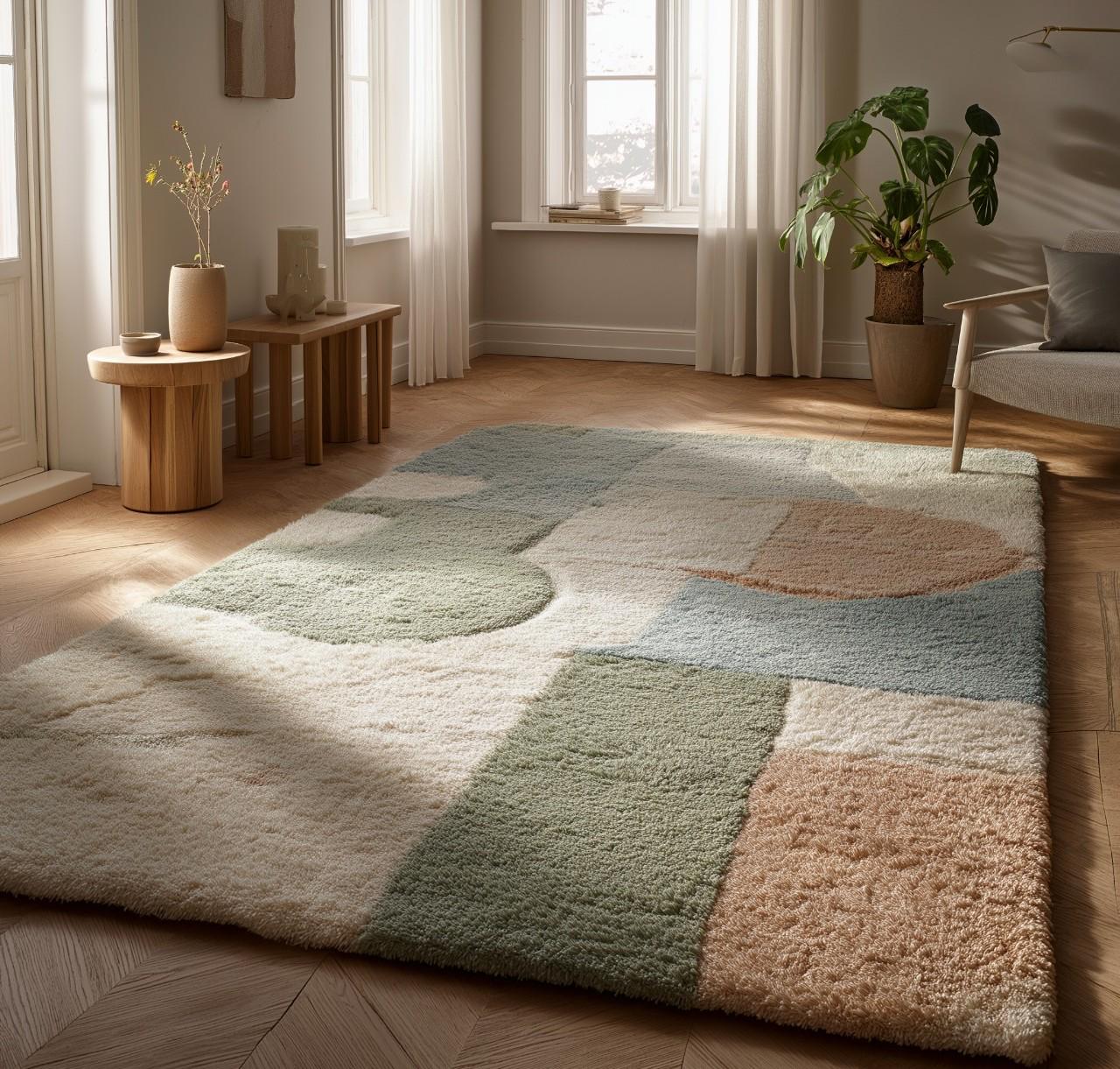 Handmade Wool Tufted Rug: Modern Geometric Pastel Carpet, 6x9